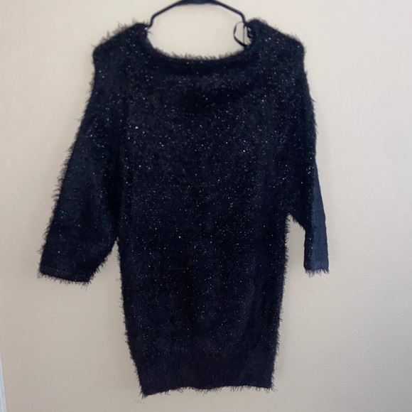 Bebè designer black fur fuzzy coat mini dress longsleeve sparkles cute pull over - Picture 9 of 11